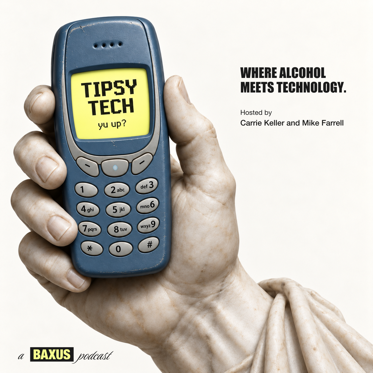 Tipsy Tech artwork: a hand holding a phone with the show name on its screen.